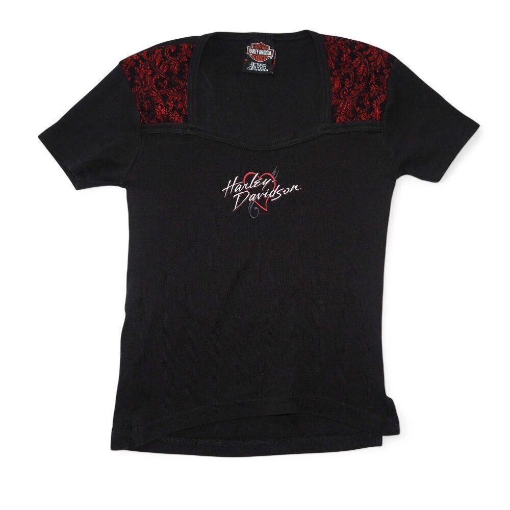 Harley Davidson Vintage Y2K Square Neck Lace Detail Top Black / Red Women's S
